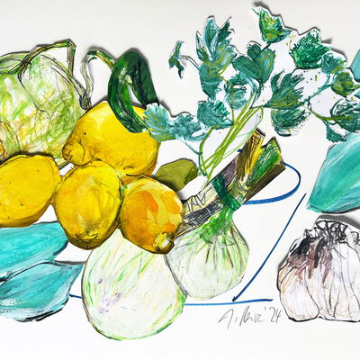 Vegetable drawing paper collage on A2 landscape format