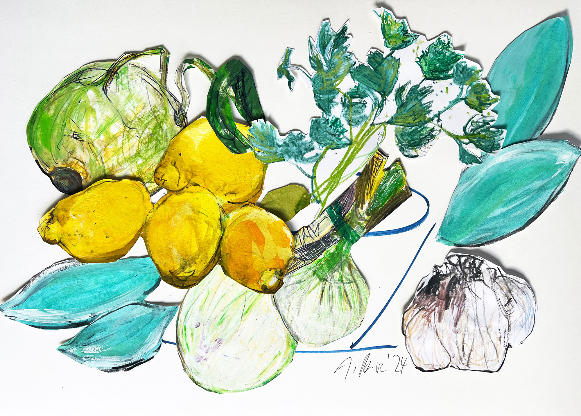 Vegetable drawing paper collage on A2 landscape format