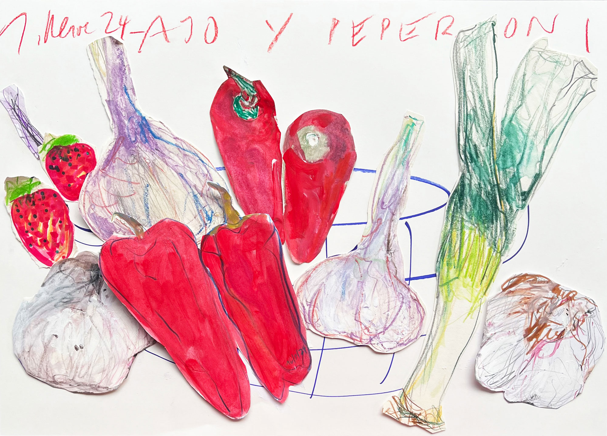 Vegetable drawing paper collage on A2 landscape format